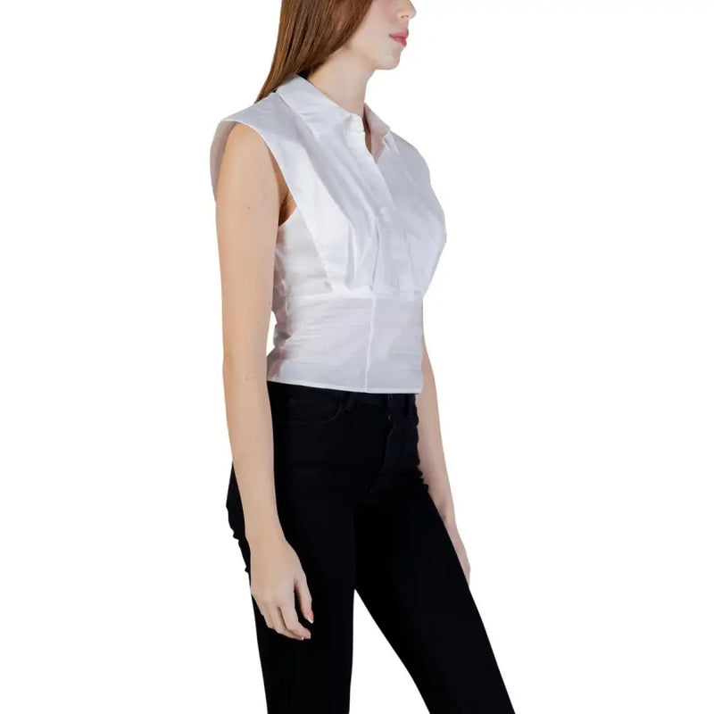 Guess women white cotton sleeveless blouse with tailored fit and subtle pleats for a polished look