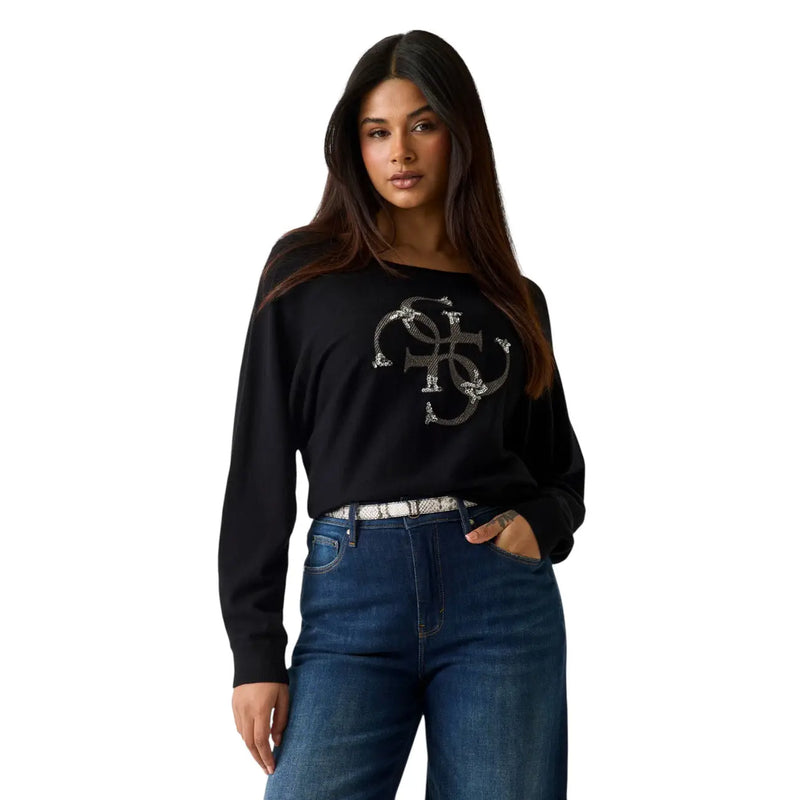 Guess Sweat-shirt noir à manches longues pour femme, orné d'un logo argenté sur la poitrine, en maille de viscose.
