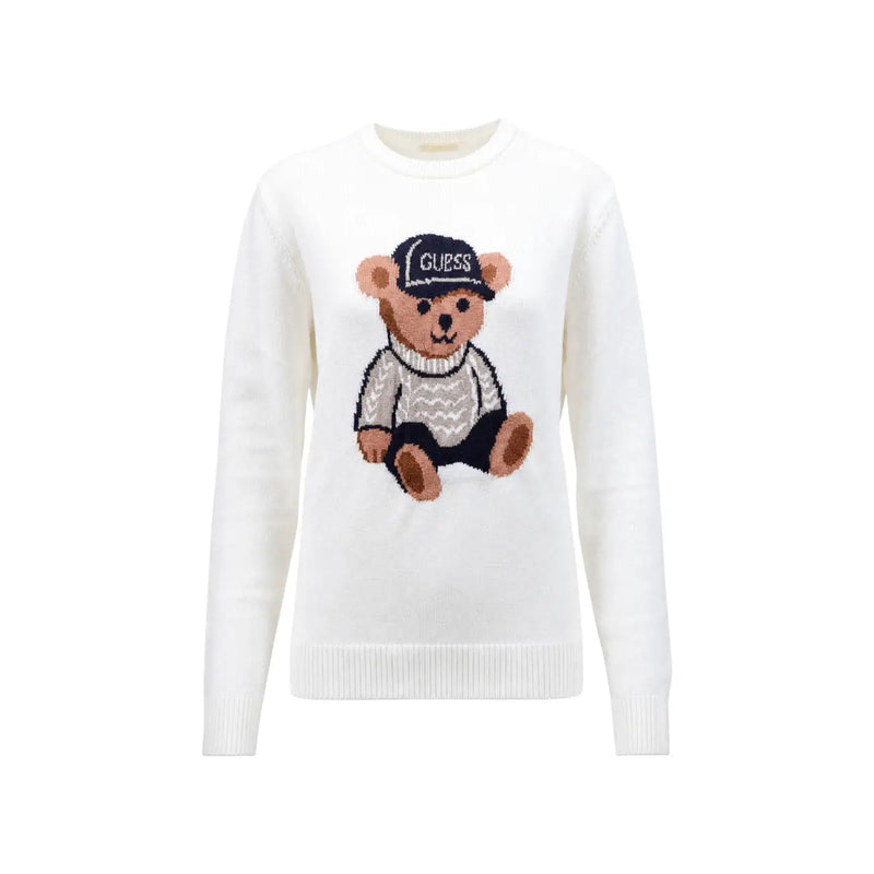 Guess Pull blanc en maille pour femme, mélange de viscose, orné d'un ours tricoté portant un bonnet et d'un motif.
