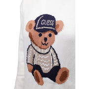 Guess Pull blanc en maille pour femme, en mélange de viscose, orné d'un ours en peluche tricoté avec un bonnet bleu marine et un pull beige
