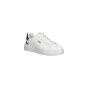 White Guess women leather slip on sneakers with sleek minimalist design and black glitter accents on heel and tongue