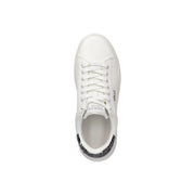 White guess women leather sneakers with glossy upper white laces and black sequined heel tab shown from back side