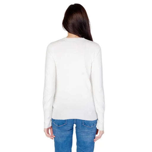 Guess Pull long en maille de coton blanc pour femme, à col rond