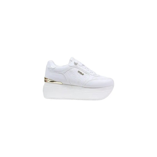 Guess Women white platform sneakers with leather upper and gold heel accent