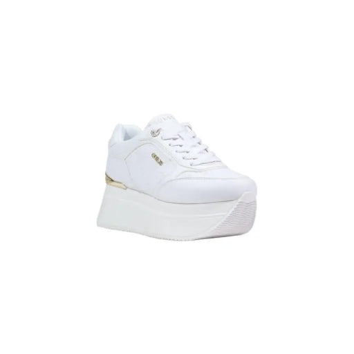 Guess Women white platform sneakers with minimalist design and gold heel accents