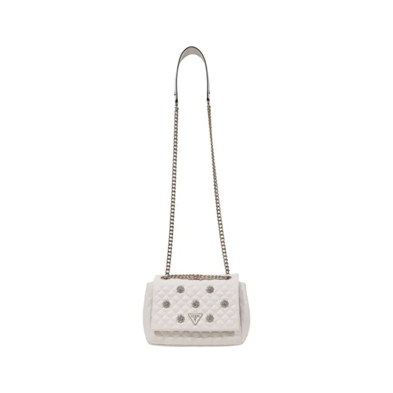 White quilted shoulder bag with silver chain strap and studded embellishments for Guess Women