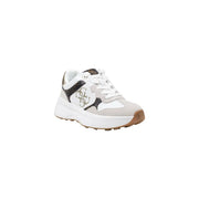 Guess women white and black polyurethane fashion sneakers with chunky sole and metallic gold logo on the side