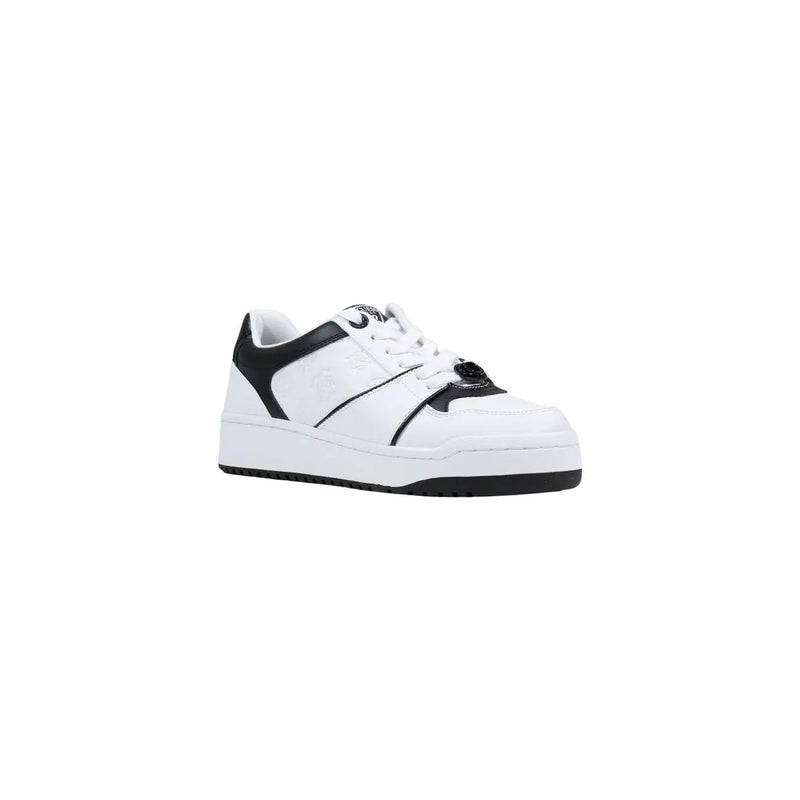 Guess women white polyurethane lace up sneakers with a sleek minimalist design black panels and chunky sole