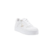 Guess women white polyurethane platform sneakers lace up with sleek minimalist design and subtle gold-tone branding