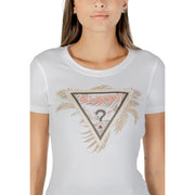 White Guess women short sleeve round neck t shirt featuring a triangular logo with pink and gold palm leaf accents