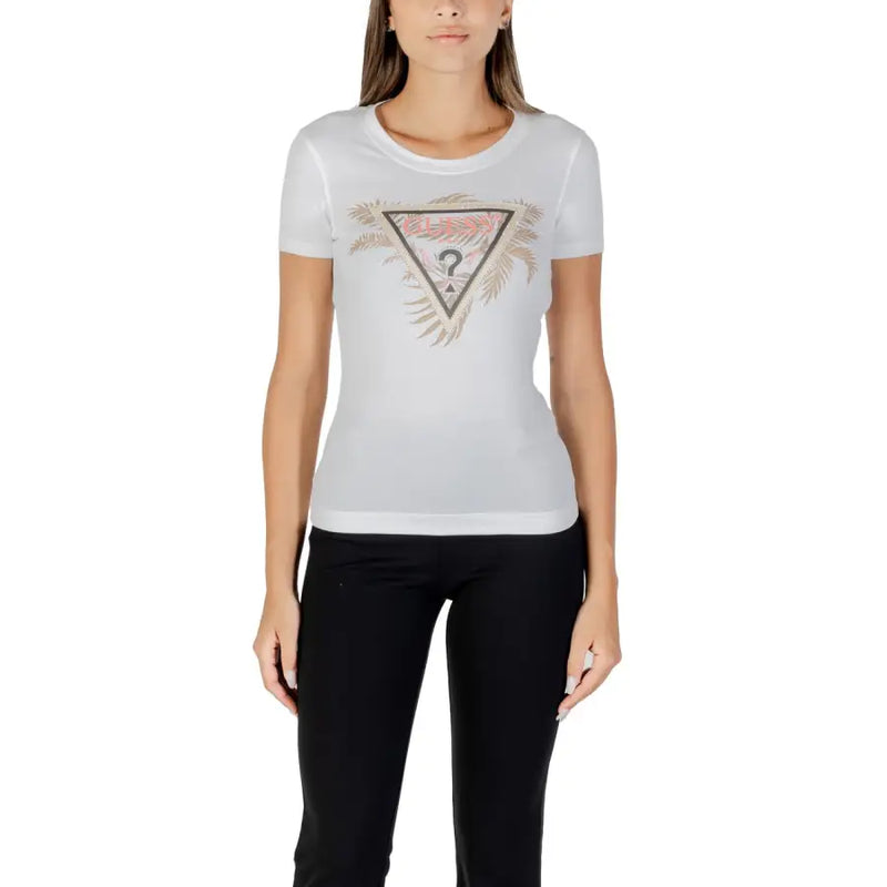 Guess women white short sleeve round neck t shirt with triangular logo and leafy question mark design on front