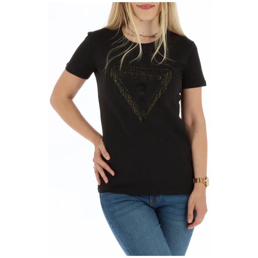 Guess t-shirt noir à manches courtes t-shirt avec un cœur en strass sur la poitrine
