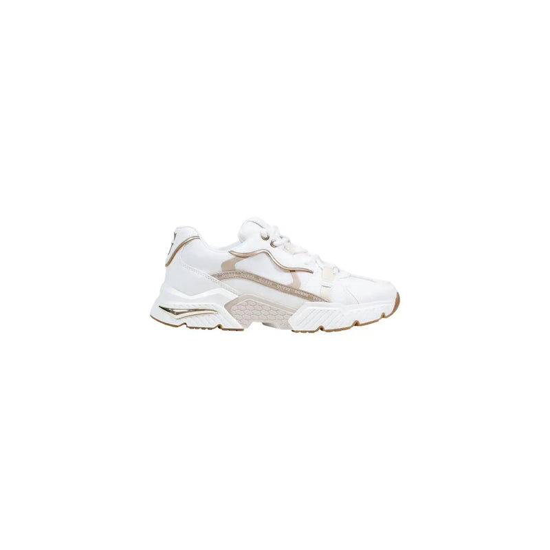 Guess women white sneakers with metallic gold accents chunky polyurethane blend lace up and textured rubber sole