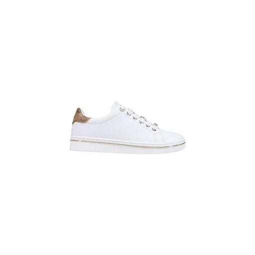 Guess bas en cuir blanc pour femmestop baskets avec languette arrière dorée métallisée et œillets argentés