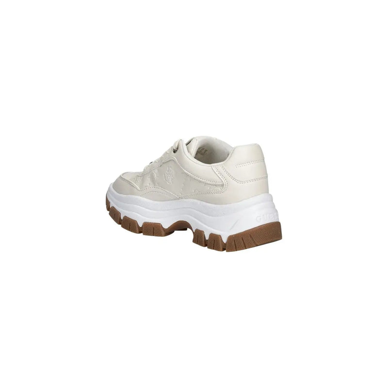Guess women white sneakers polyurethane lace up with cream chunky design white midsole and brown outsole embossed logo