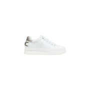 Back side of guess women white polyurethane slip on sneaker with silver metallic buckle detail on heel