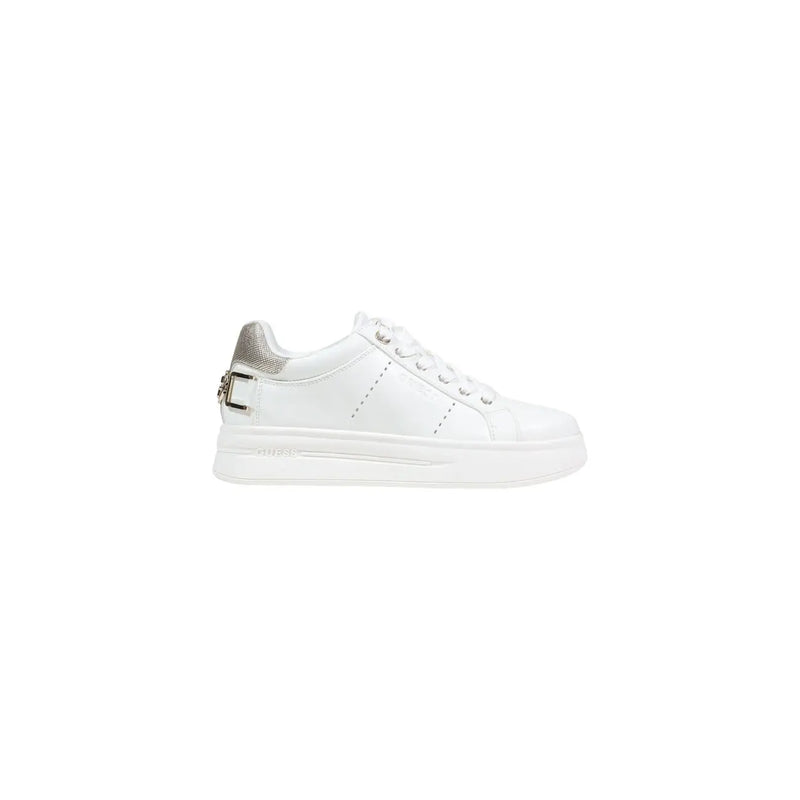 Back side of guess women white polyurethane slip on sneaker with silver metallic buckle detail on heel
