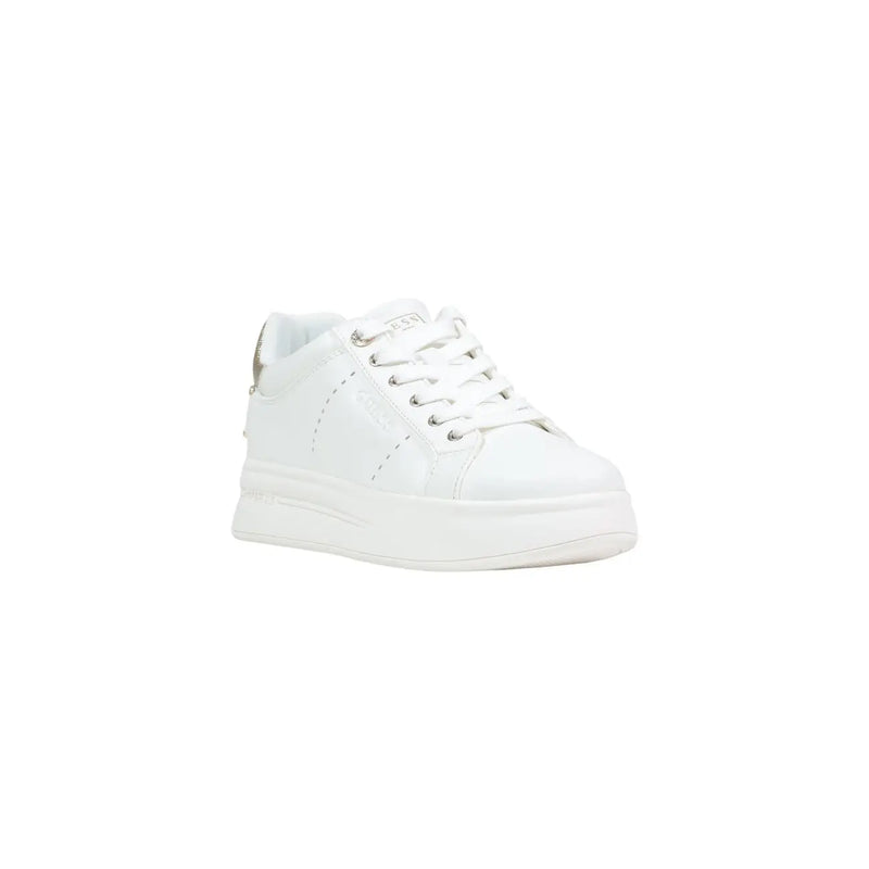 White leather low-top Guess women sneakers with silver eyelets and chunky white polyurethane slip-on sole