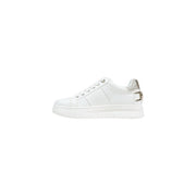 Back side of guess women white polyurethane slip on sneakers with silver metallic buckle detail on the heel