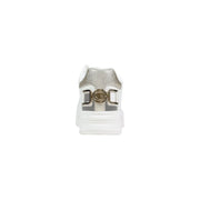 Guess women white platform sneakers with silver textured polyurethane upper and gold-toned logo buckle detail