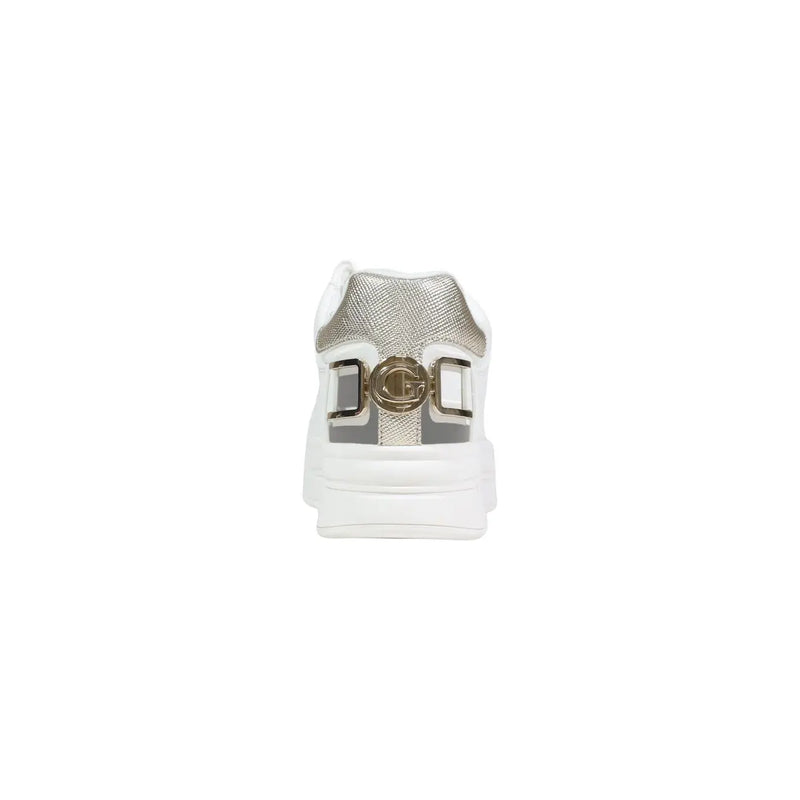Guess women white platform sneakers with silver textured polyurethane upper and gold-toned logo buckle detail