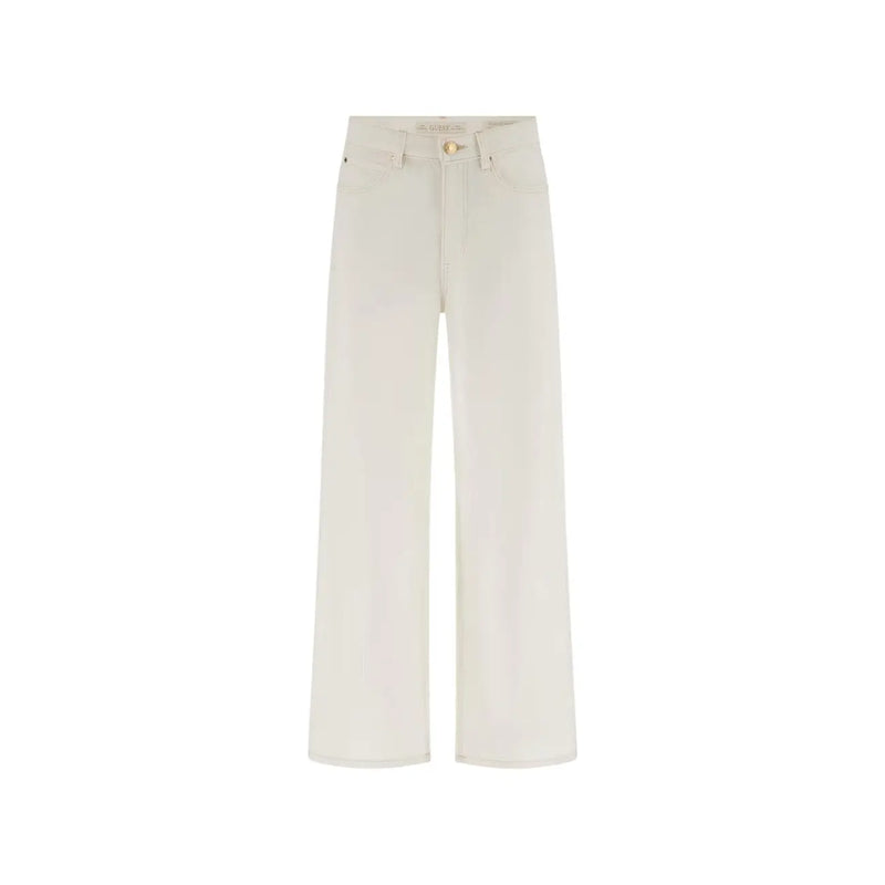 Guess Pantalon large pour femme, longueur cheville, en denim de coton lyocell couleur crème, cinq poches et fermeture à boutons dorés