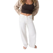 Guess Pantalon large pour femme, longueur cheville, en lyocell de coton blanc, taille haute, jambes larges et coupe droite.