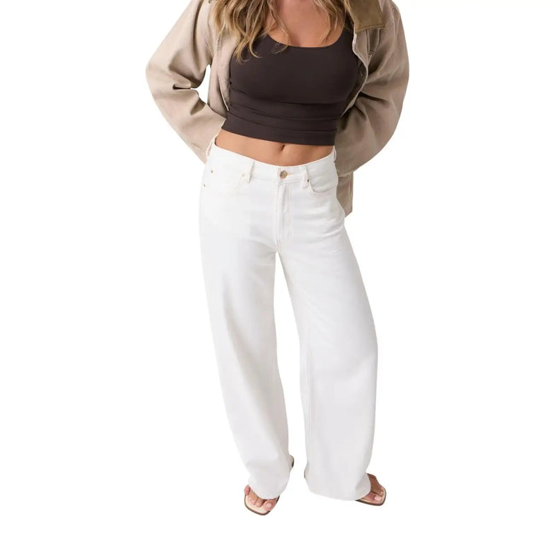 Guess Pantalon large pour femme, longueur cheville, en lyocell de coton blanc, taille haute, jambes larges et coupe droite.