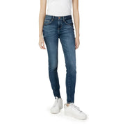 Guess Jean en denim bleu taille haute pour femme, coupe slim, effet usé et détails de délavage subtils