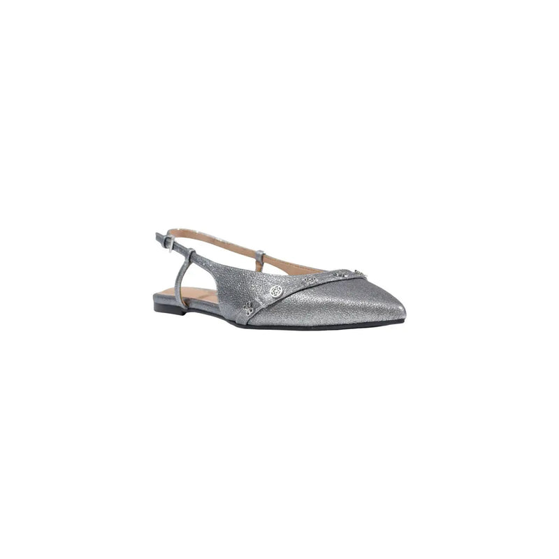 Guess womens grey slip on shoes featuring silver glittery slingback flats with pointed toe and decorative studs along strap