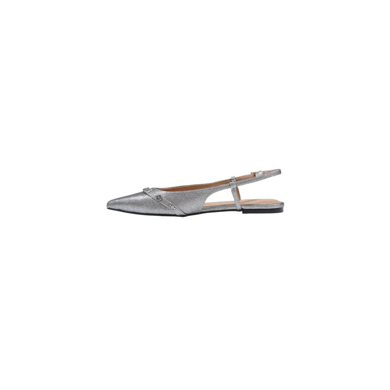 Guess womens grey silver metallic leather slingback flat shoe with pointed toe and subtle embellishments