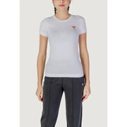 Guess T-shirt blanc à manches courtes et col rond pour femme en coton t-shirt avec un logo triangulaire rouge sur la poitrine