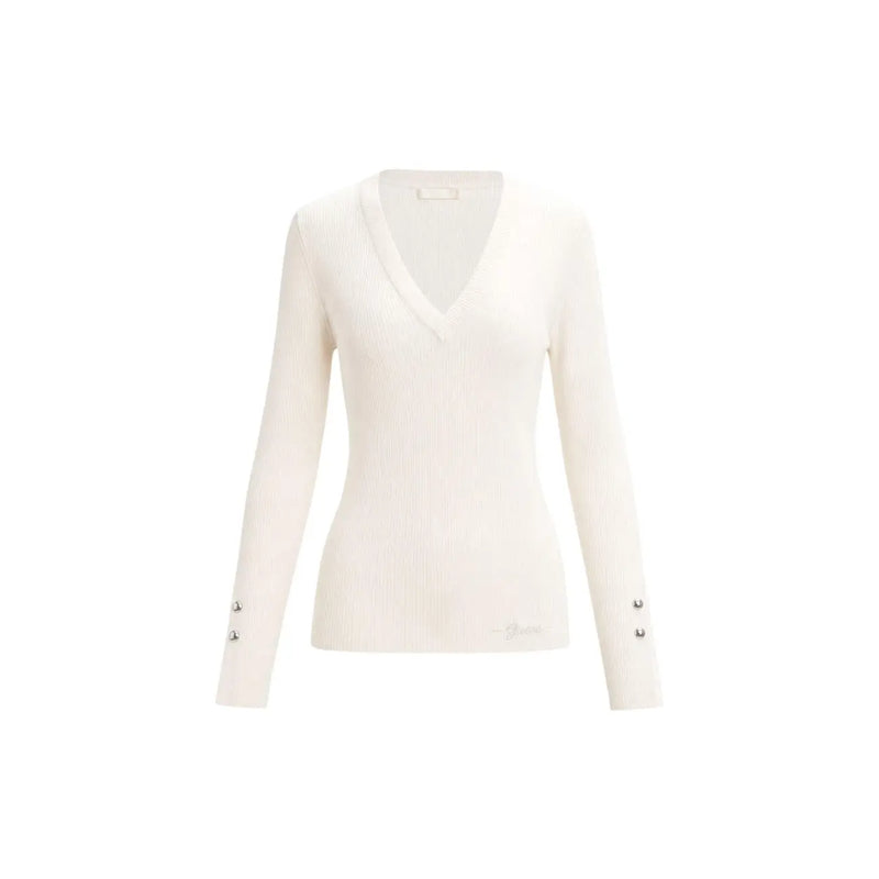 Guess Pull blanc à col en V pour femme, en mélange de viscose, avec une texture en maille côtelée et des boutons argentés aux poignets.