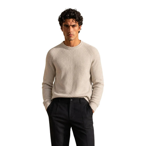 Guess Pull en laine Niro Vanisãe pour femme, en maille côtelée beige, col rond et manches longues, vue de face