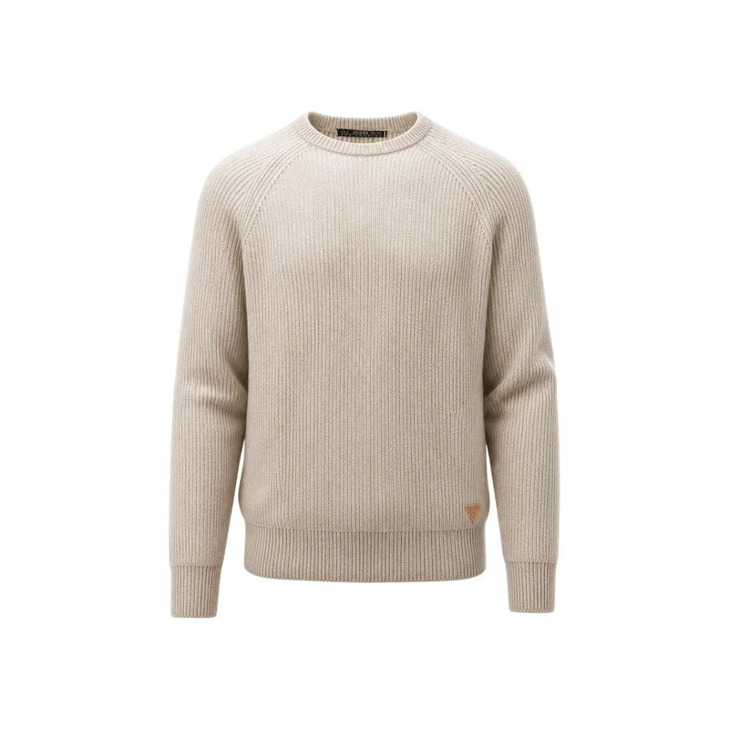 Guess Pull en laine Niro Vanisae pour homme, en maille côtelée beige, col rond et logo discret sur le devant.