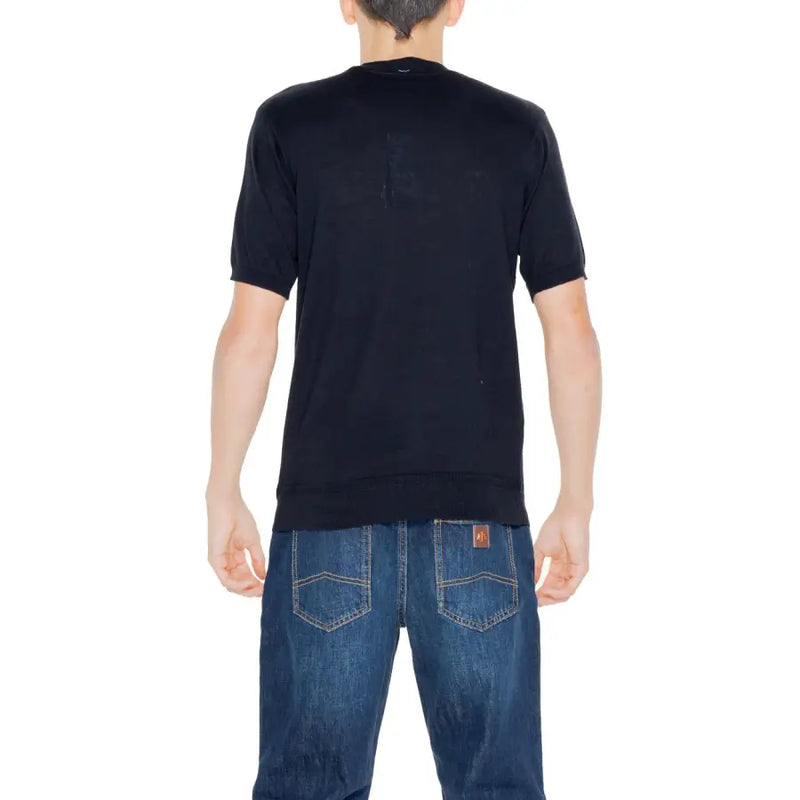 Hamaki-ho black cotton knit sweater for men featuring a short-sleeved crew neck design