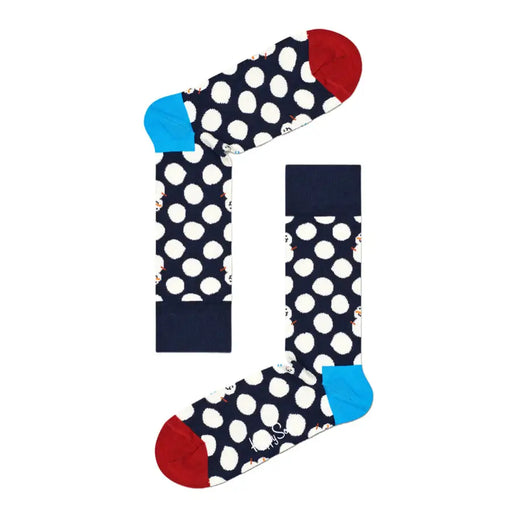 Navy blue polka dot socks with red toes and heels, light blue cuffs for Happy Socks Men Underwear Fall Winter Blue Cotton Blend