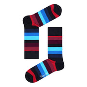 Black crew socks with horizontal blue and red stripes from Happy Socks Men Underwear collection