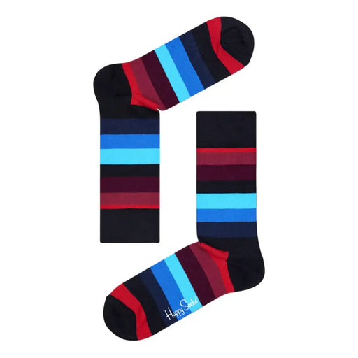 Black crew socks with horizontal blue and red stripes from Happy Socks Men Underwear collection