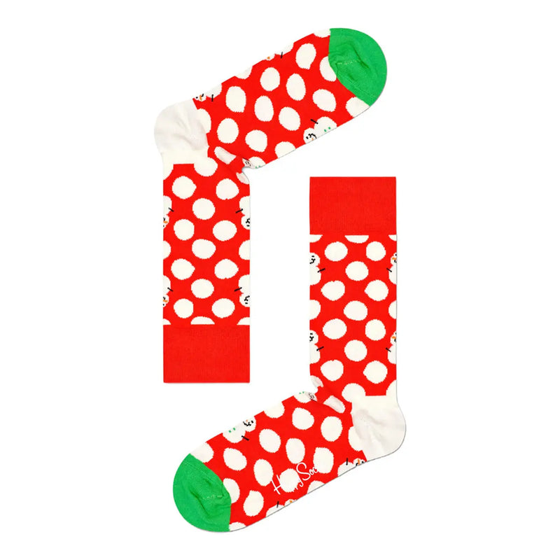Happy Socks Chaussettes pour femmes en coton mélangé rouge à pois blancs, bouts verts et motif bonhomme de neige ludique