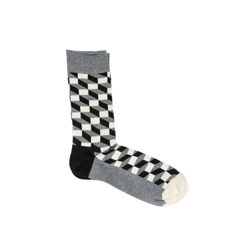 Happy Socks gray women’s cotton sock with black-white 3D cube pattern