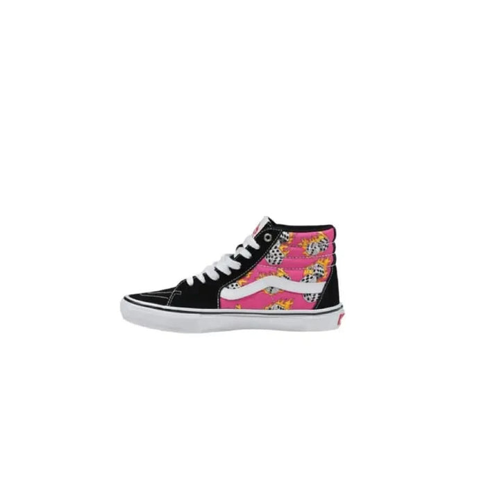 High-top pink and black Vans Women’s Fuchsia Leather Sneakers displayed on a white background