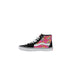 High-top pink and black Vans Women’s Fuchsia Leather Sneakers displayed on a white background