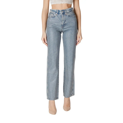 High waisted light blue denim jeans in light wash with straight leg cut made from durable denim fabric