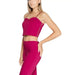 Hot pink two-piece outfit featuring a cropped bustier top and fitted pants by Rinascimento
