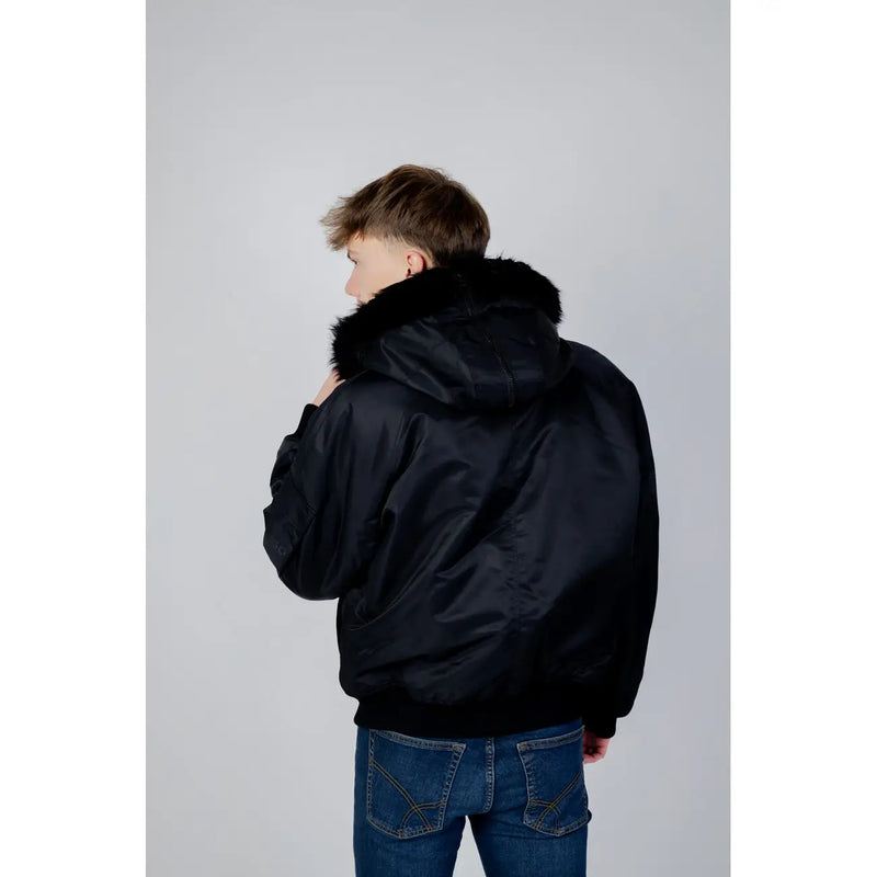 Blouson aviateur noir avec une capuche doublée de fausse fourrure douce, en polyamide de Hugo collection homme