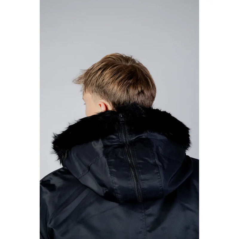 Parka en nylon noir avec capuche doublée de fourrure noire pelucheuse de hugo Veste homme longue à capuche en polyamide, collection 50496328
