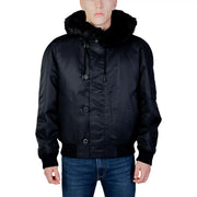 Hugo Blouson aviateur noir en satin pour homme, avec capuche doublée de fourrure douce et fermeture à boutons noirs, en polyamide