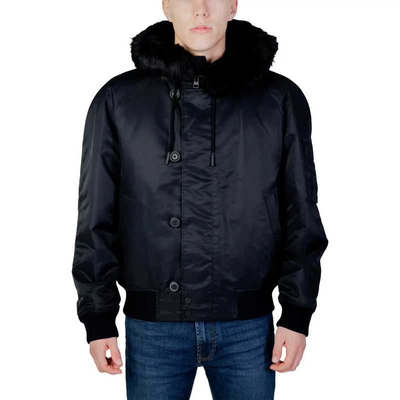 Hugo Blouson aviateur noir en satin pour homme, avec capuche doublée de fourrure douce et fermeture à boutons noirs, en polyamide