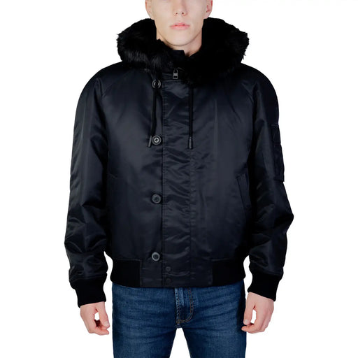 Hugo Blouson aviateur noir en satin pour homme, avec capuche doublée de fourrure douce et fermeture à boutons noirs, en polyamide